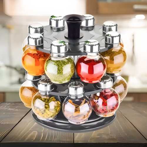 Multipurpose Plastic Revolving Spice Rack | 16 Jar Storage Organizer for Kitchen | 360° Rotating Carousel | Stylish & Durable Design
