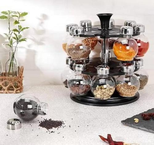 Multipurpose Plastic Revolving Spice Rack | 16 Jar Storage Organizer for Kitchen | 360° Rotating Carousel | Stylish & Durable Design
